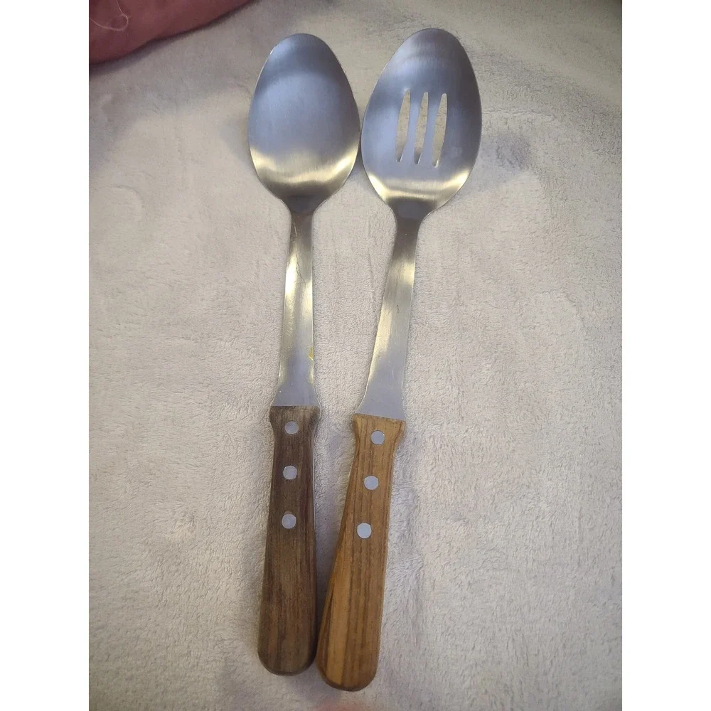 Pioneer Woman Stainless Steel Serving Spoon Set Wood Handle Slotted Solid Logo